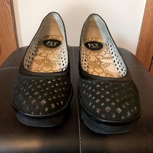 Fly London black wedge slip on with cutout detail